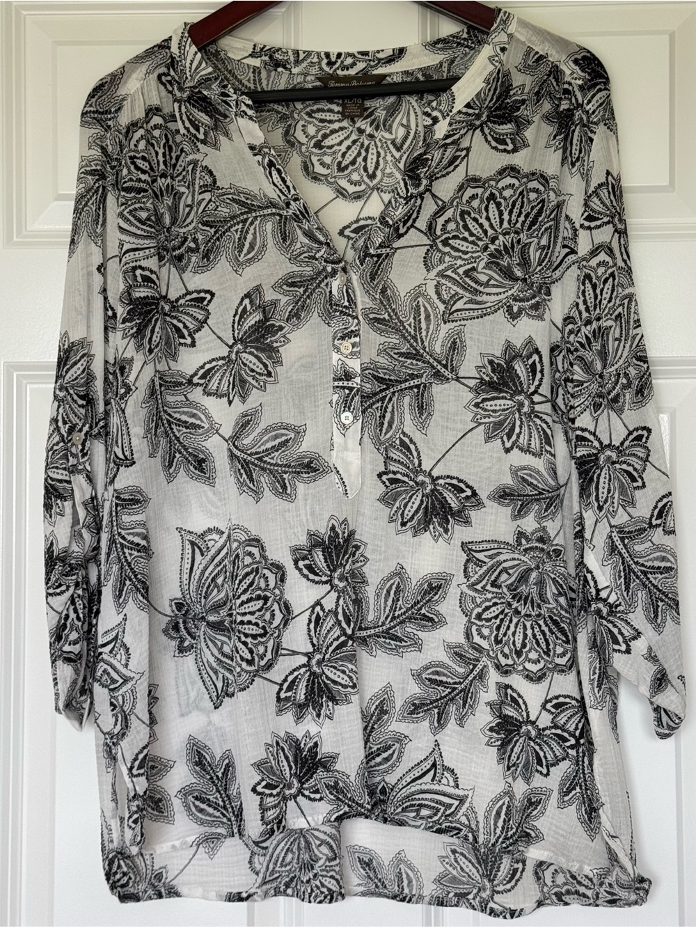 Tommy Bahama Sheer Black and White Floral Henley Blouse